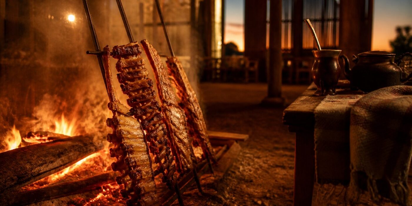 Fogo de chão com espetos de costela e picanha em Porto Alegre