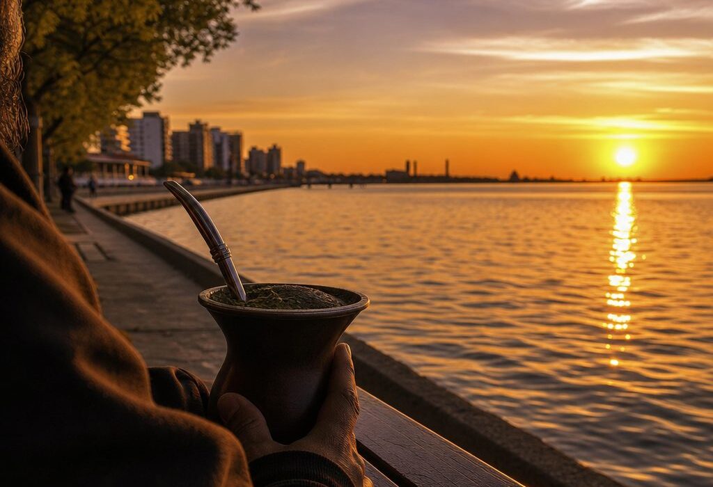 Pôr do sol no Guaíba com chimarrão na mão, orla de Porto Alegre