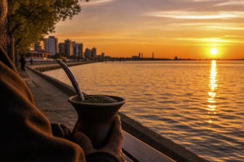 Pôr do sol no Guaíba com chimarrão na mão, orla de Porto Alegre